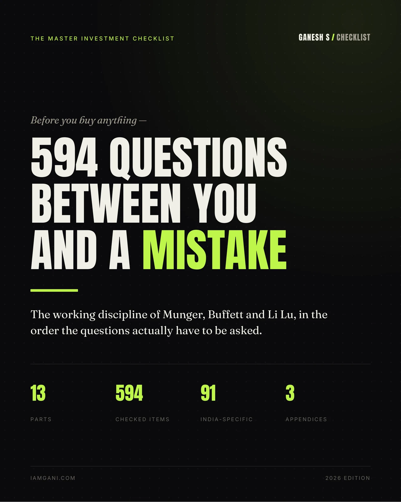 Slide 1 — Before you buy anything: 594 questions between you and a mistake. The working discipline of Munger, Buffett and Li Lu, in the order the questions actually have to be asked. 13 parts, 594 checked items, 91 India-specific, 3 appendices.