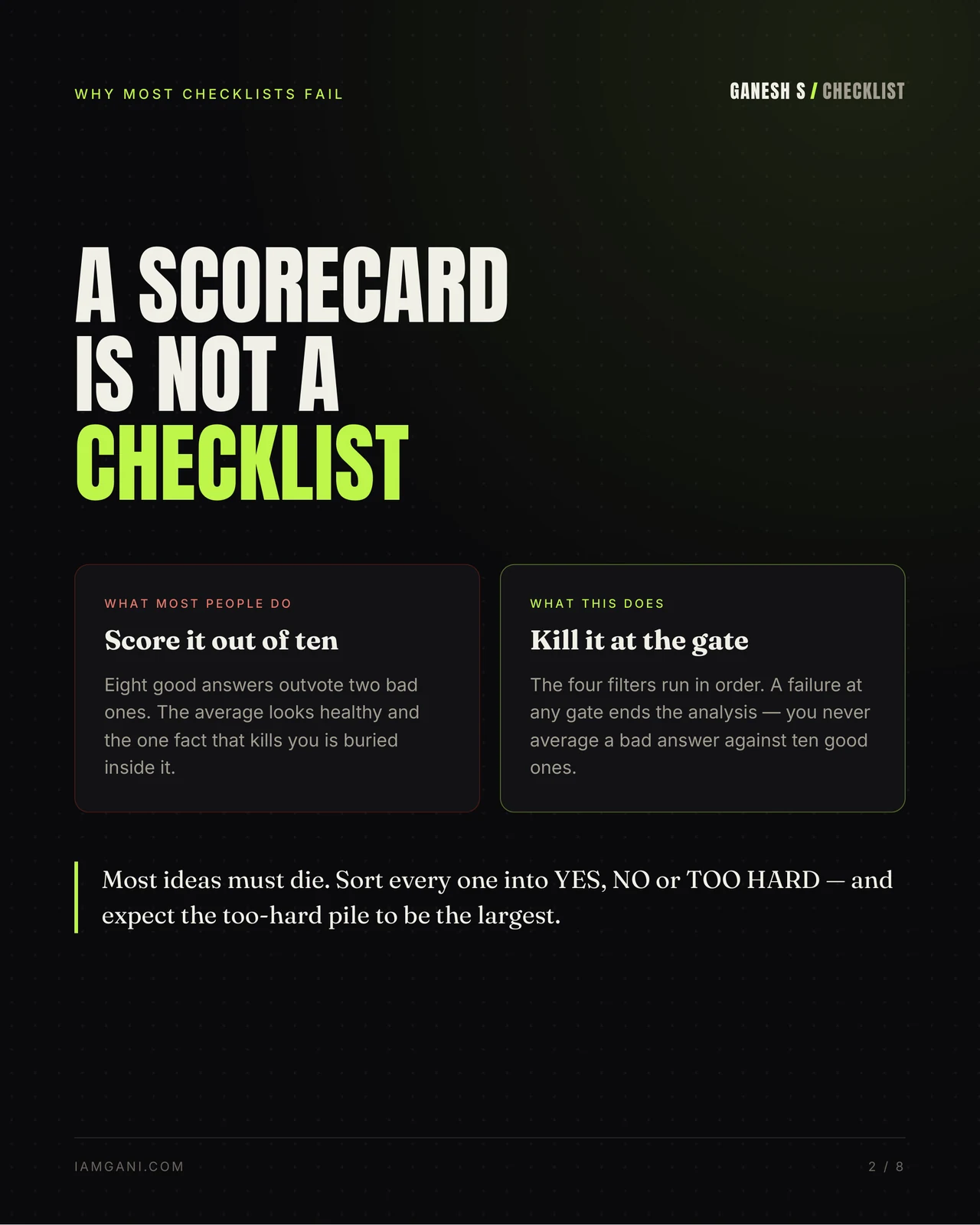 Slide 2 — Scorecard versus checklist: a scorecard lets a good answer cancel a bad one; this runs Munger's four filters in sequence, so a failure at any gate ends the analysis.
