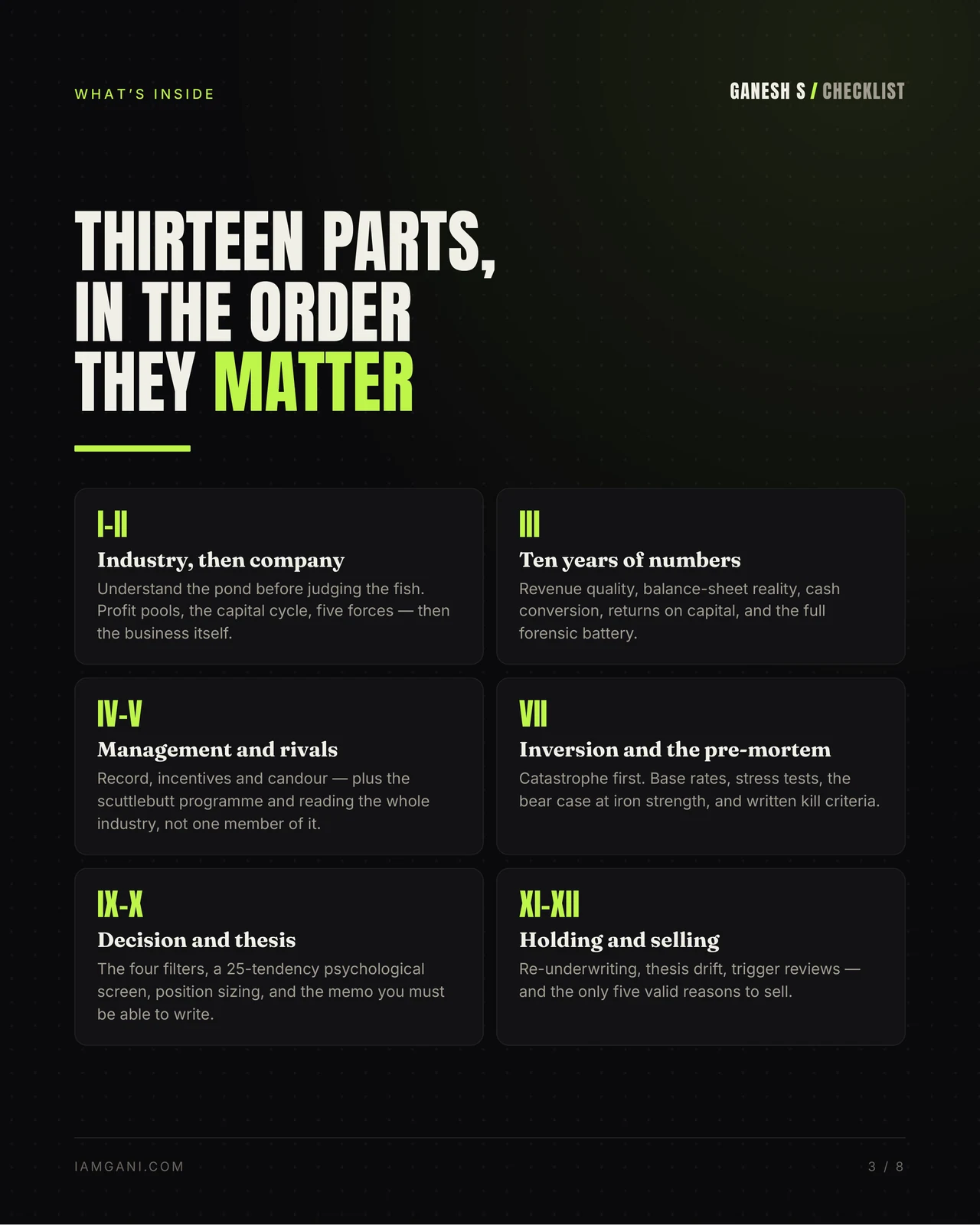 Slide 3 — What's inside: 13 parts covering the gate, industry, business understanding, the financial deep dive, management and governance, competitors, science and technology, risk and inversion, valuation, decision discipline, the written thesis, monitoring and selling.