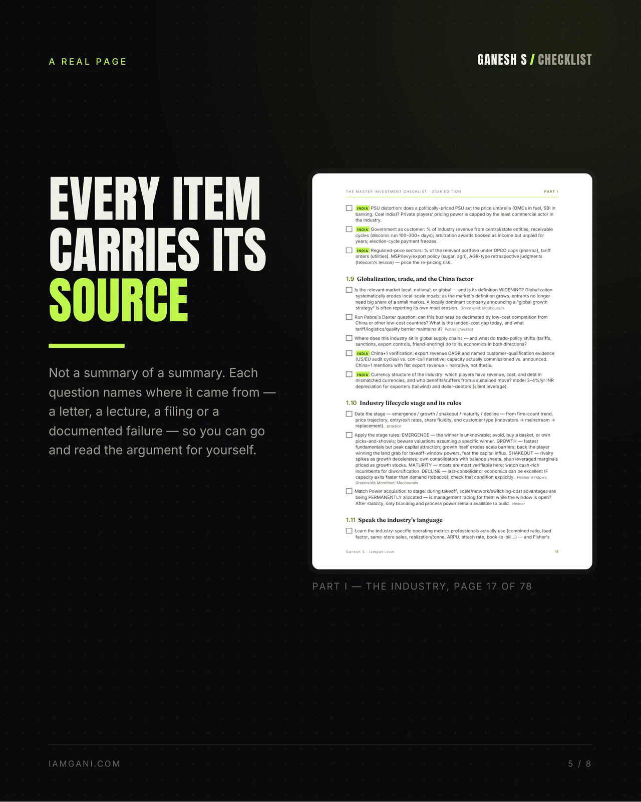 Slide 5 — A real page from the checklist, showing how each item is phrased and what evidence it asks for.