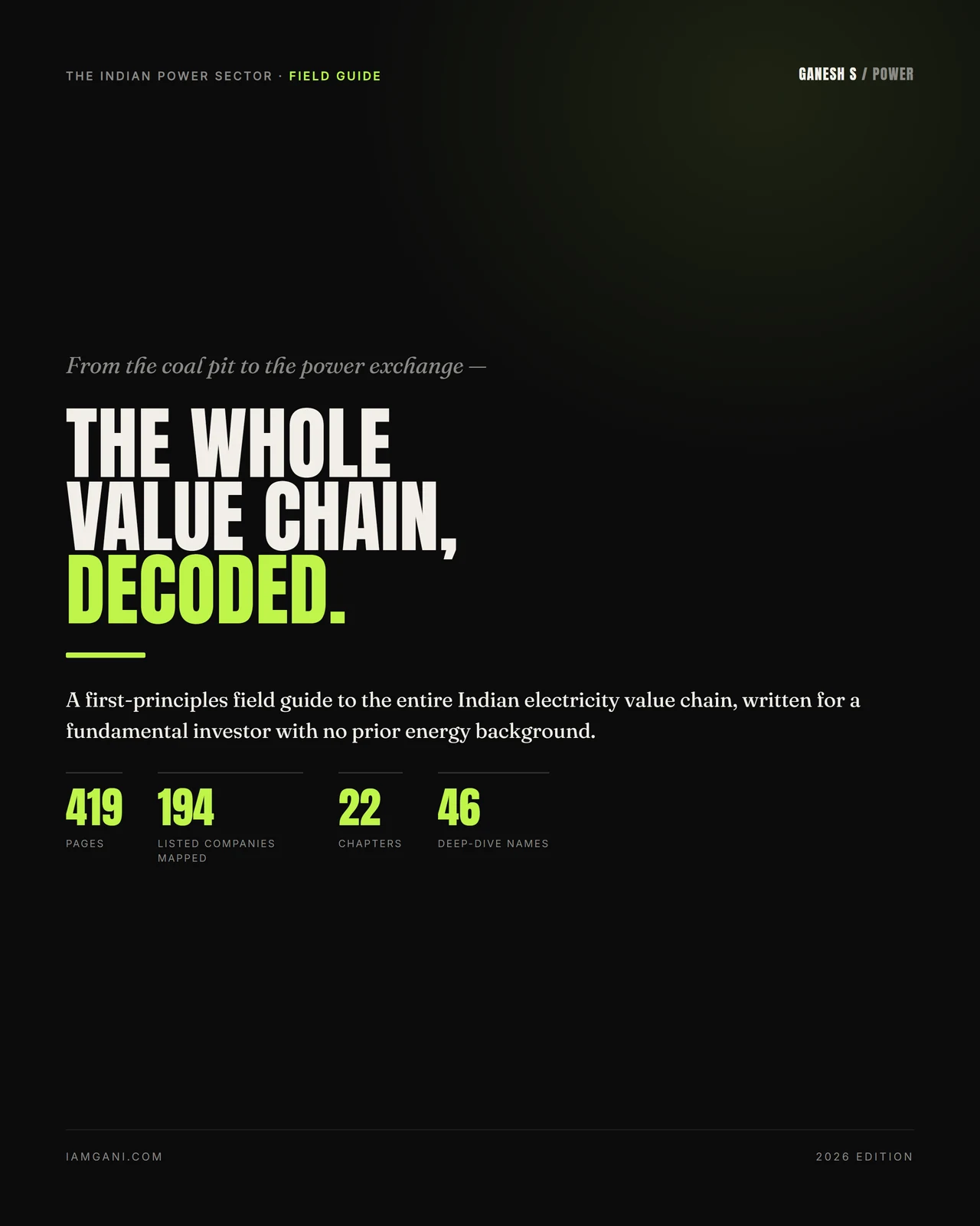 Slide 1 — The whole value chain, decoded. A first-principles field guide to the entire Indian electricity value chain: 419 pages, 194 listed companies mapped, 22 chapters, 46 deep-dive names.