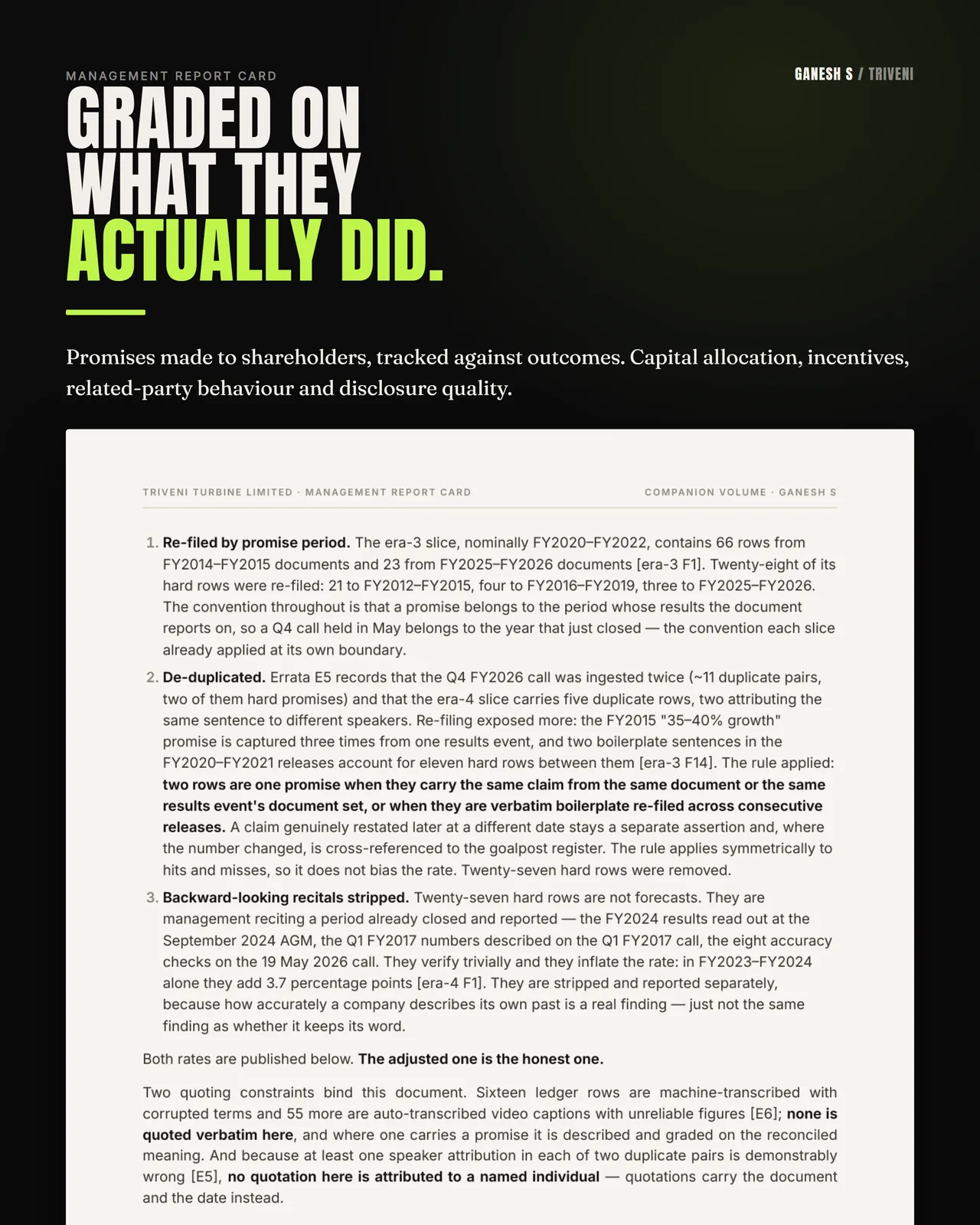Slide 4 — The Management Report Card: promises made to shareholders tracked against outcomes, covering capital allocation, incentives, related-party behaviour and disclosure quality.